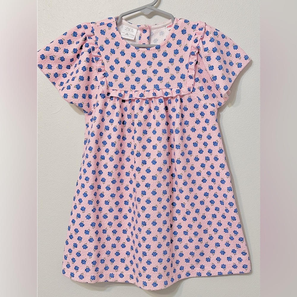 EUC Zara Pink Dress with Blue Floral Print and Ruffle Sleeves - Picture 2 of 8